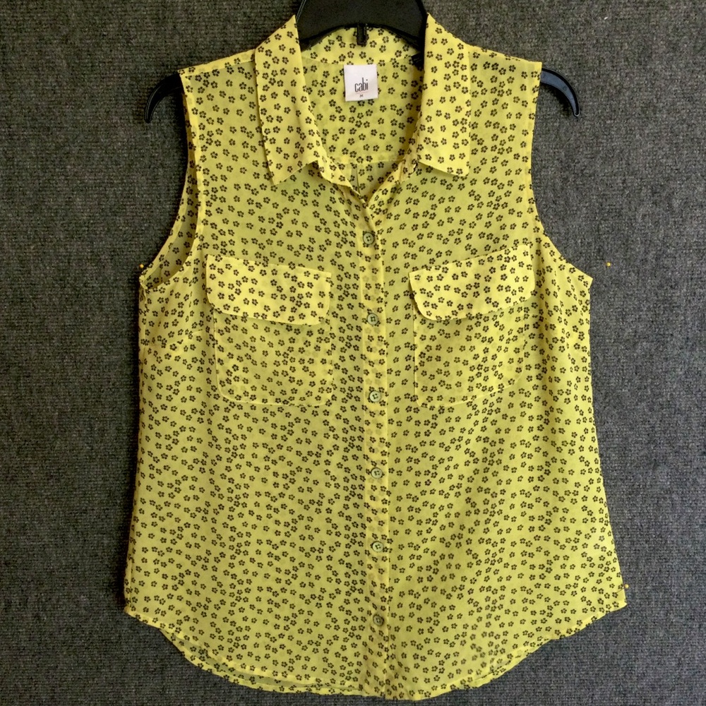 CABI sheer sleeveless button up collar shirt.  Pockets.  Hi-Lo.